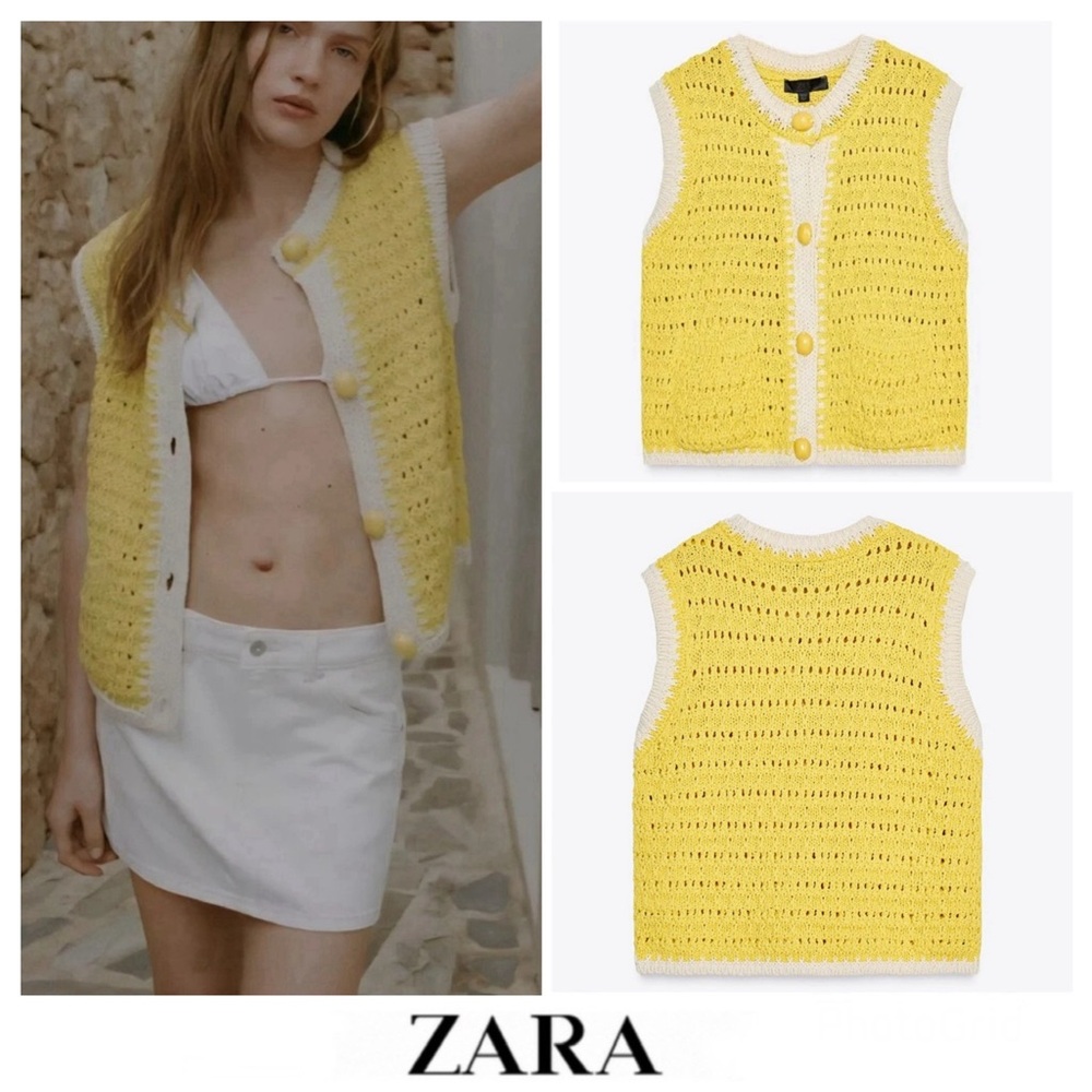 NWT ZARA Yellow White Knit Crochet Unique Button Up Sleeveless Top Vest Sz L